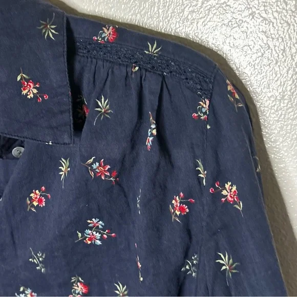 Sundance Navy Blue floral print half button down 100% cotton shirt - Picture 4 of 6